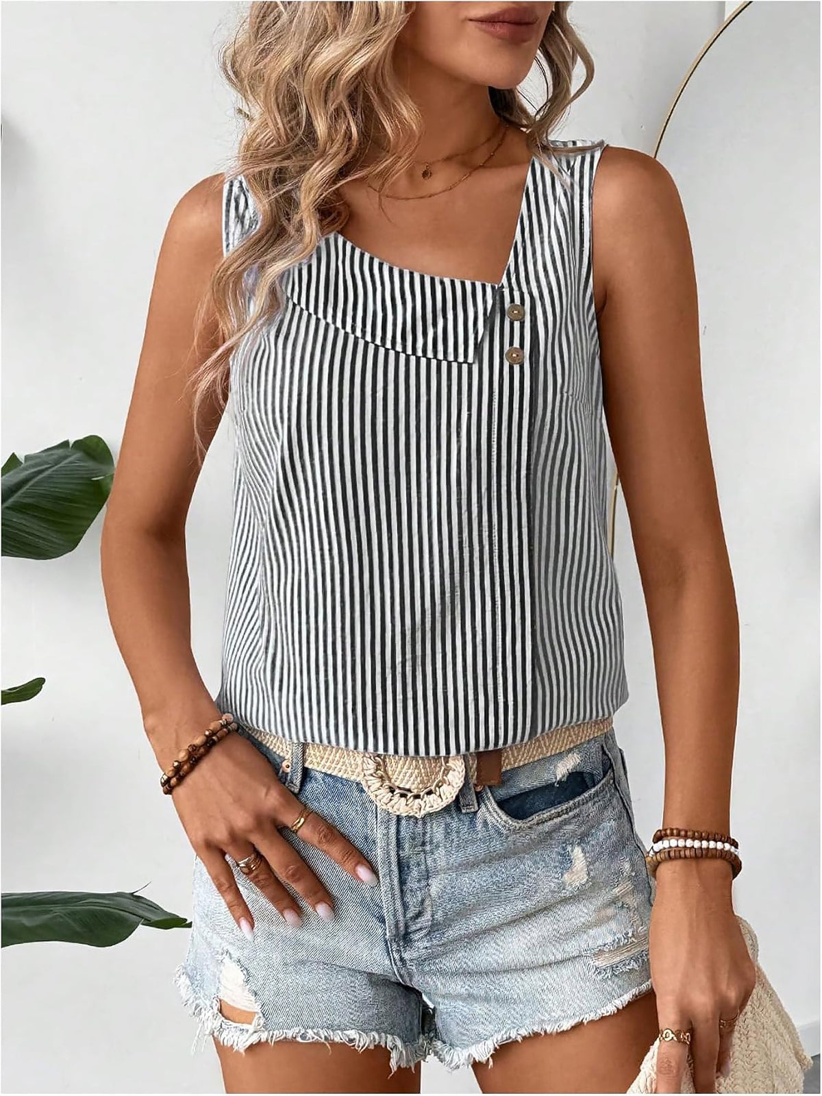 Sleeveless Striped Irregular Neck Button Decor Blouse