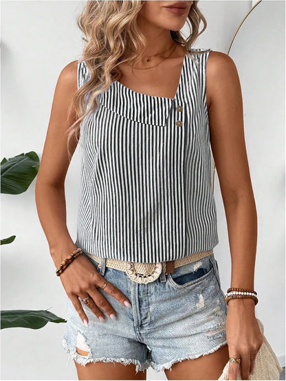 Sleeveless Striped Irregular Neck Button Decor Blouse