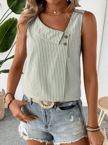 Sleeveless Striped Irregular Neck Button Decor Blouse