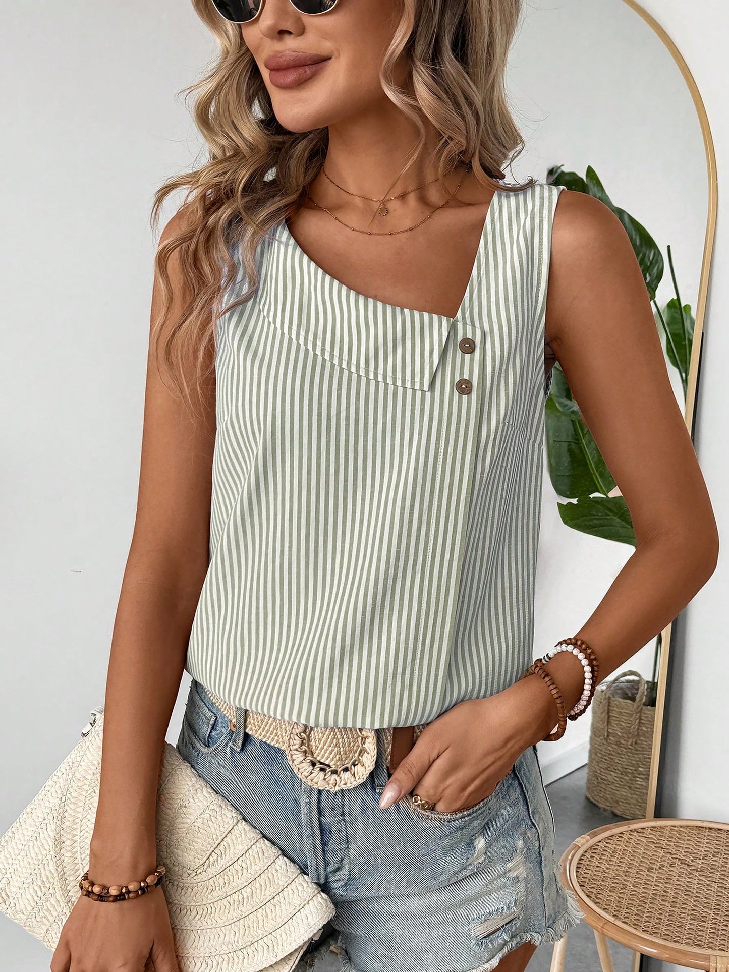 Sleeveless Striped Irregular Neck Button Decor Blouse