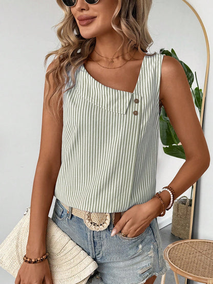 Sleeveless Striped Irregular Neck Button Decor Blouse