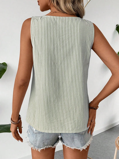 Sleeveless Striped Irregular Neck Button Decor Blouse