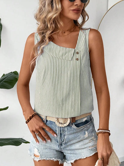 Sleeveless Striped Irregular Neck Button Decor Blouse