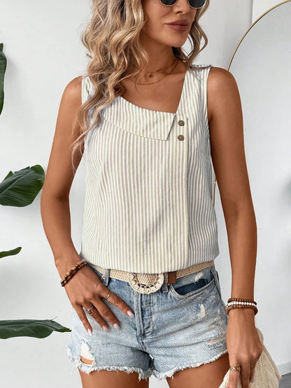 Sleeveless Striped Irregular Neck Button Decor Blouse