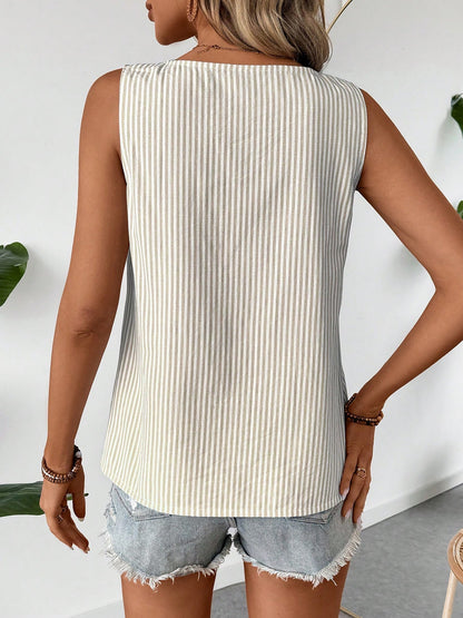 Sleeveless Striped Irregular Neck Button Decor Blouse
