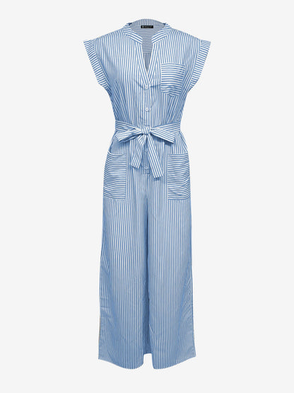 Sleeveless Notch Neck Striped Pocketed Wide Legs Jumpsuits