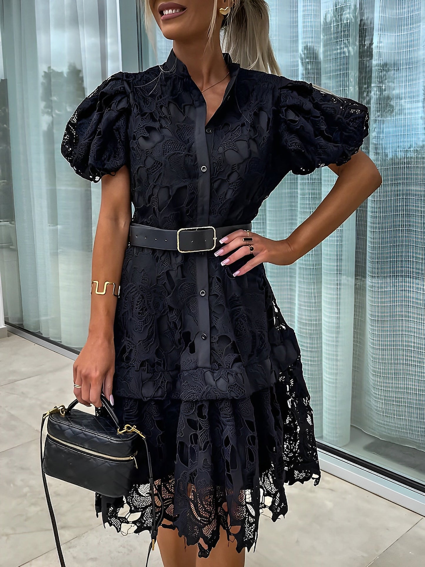 Puff Short Sleeves Lace Belted Midi Dress