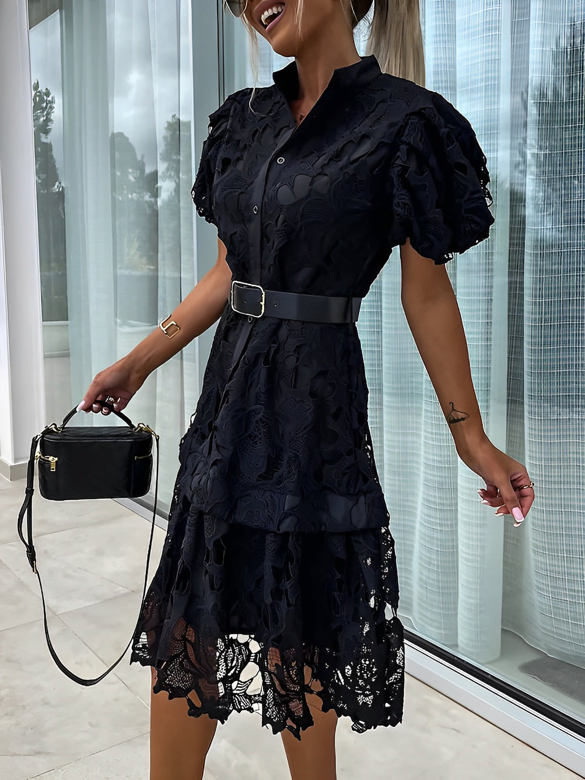 Puff Short Sleeves Lace Belted Midi Dress