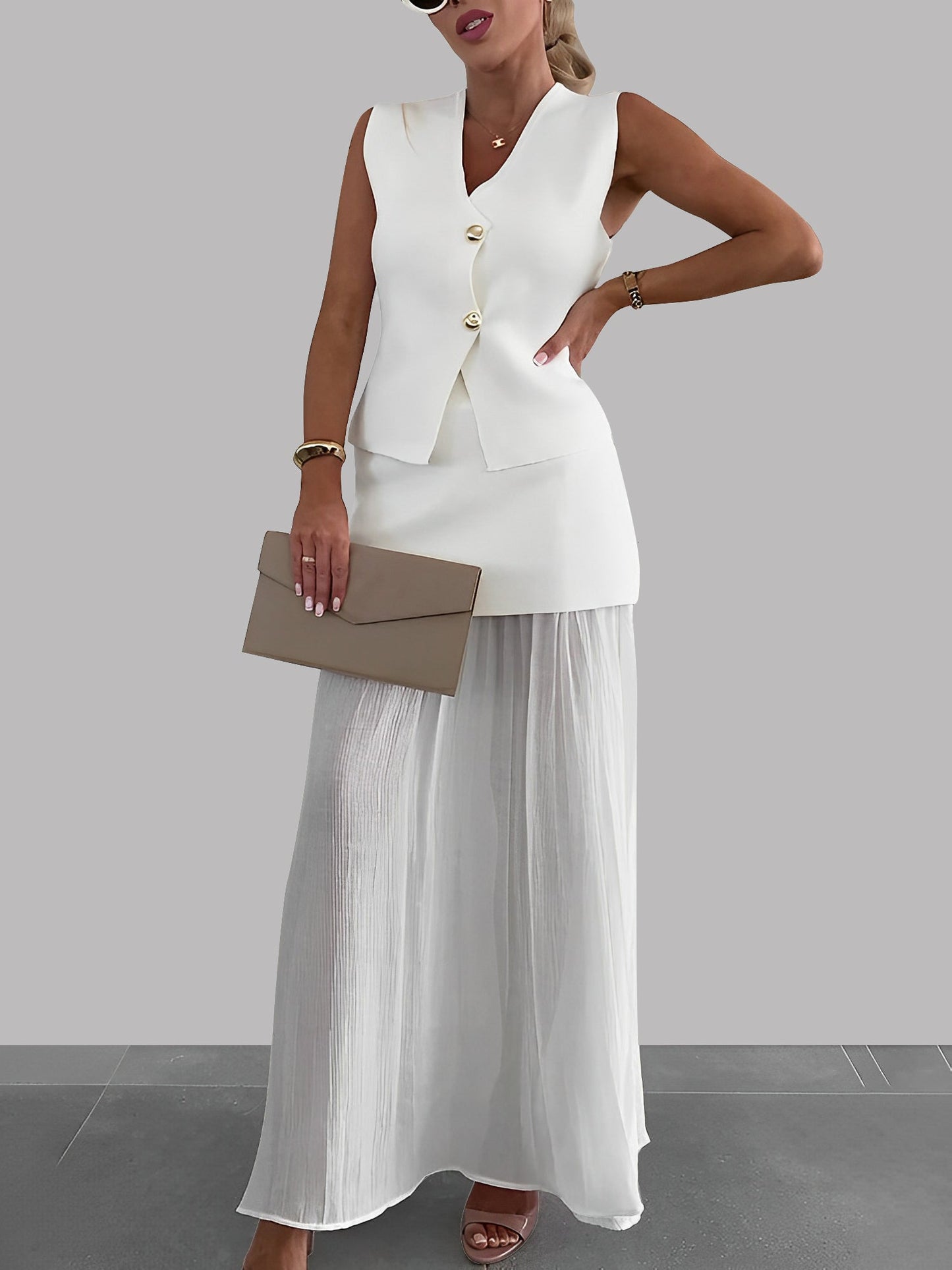 2 Pieces Sleeveless Vest & Maxi Patchwork Sheer Skirt Set