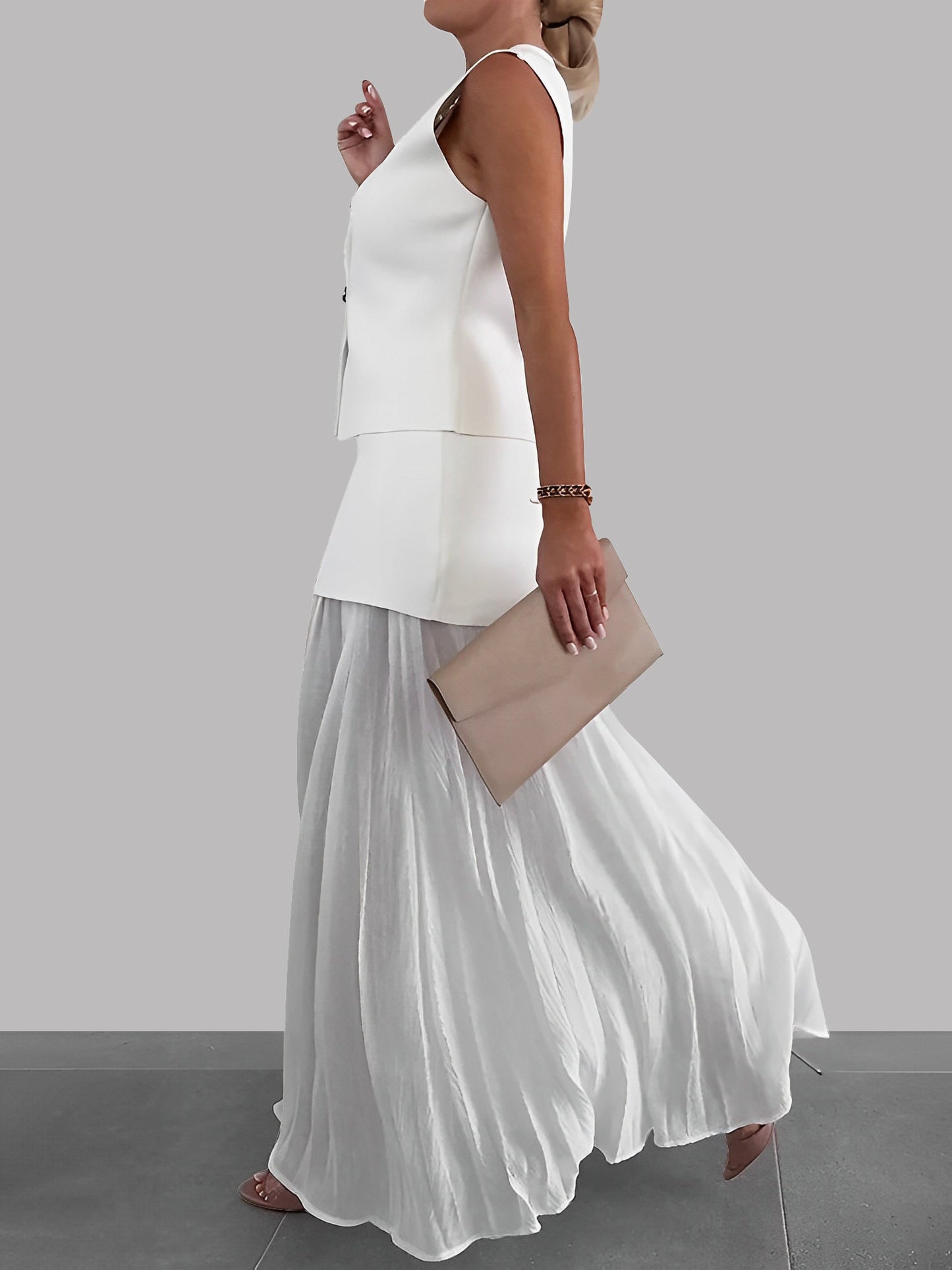 2 Pieces Sleeveless Vest & Maxi Patchwork Sheer Skirt Set