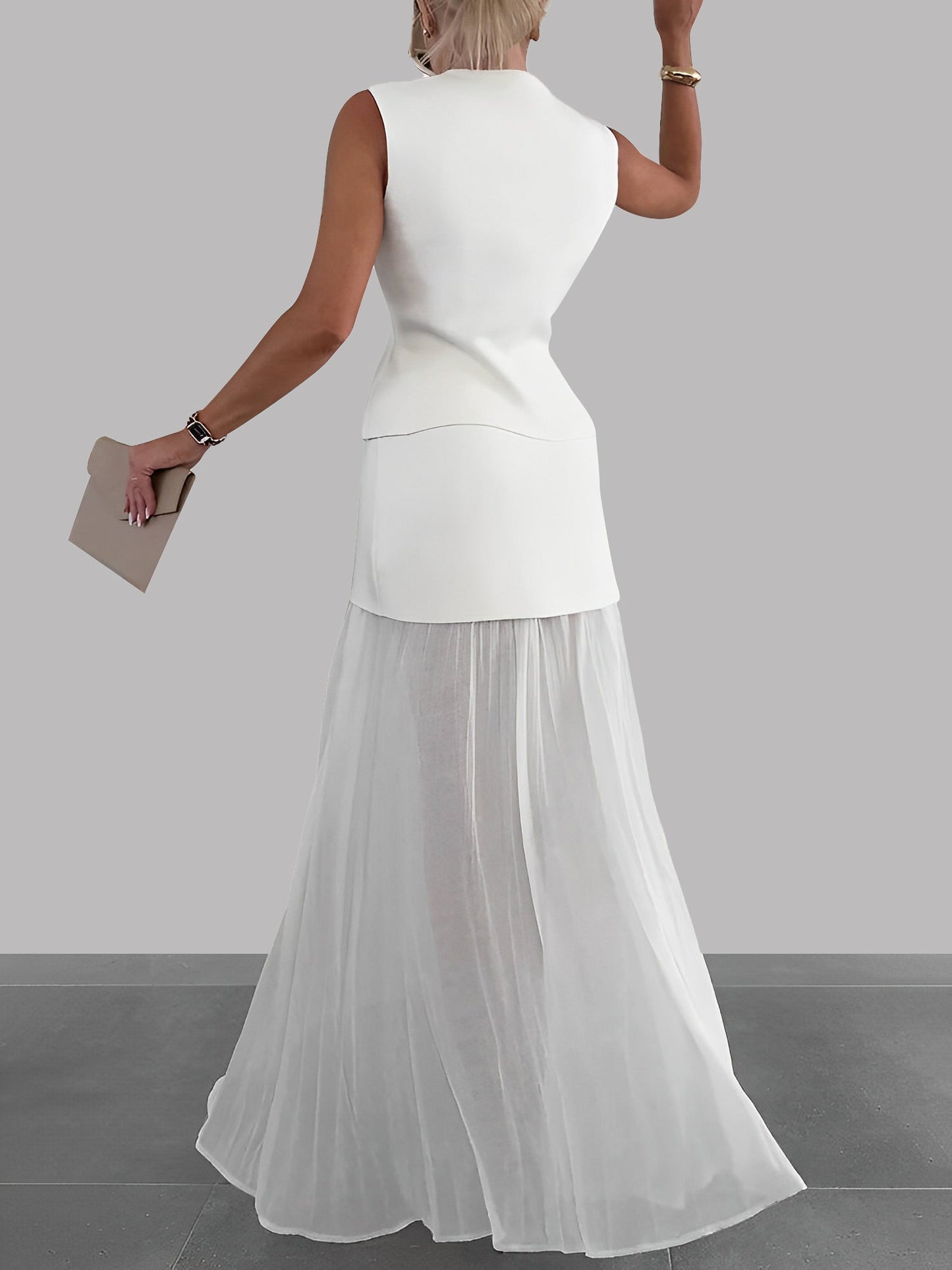 2 Pieces Sleeveless Vest & Maxi Patchwork Sheer Skirt Set