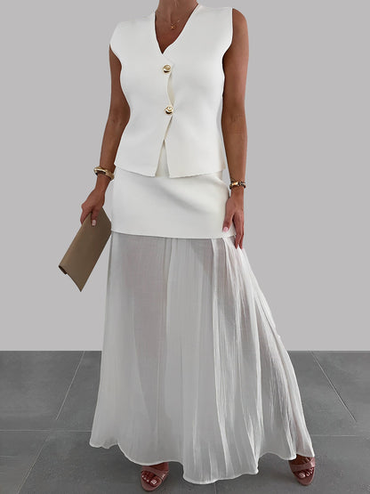 2 Pieces Sleeveless Vest & Maxi Patchwork Sheer Skirt Set