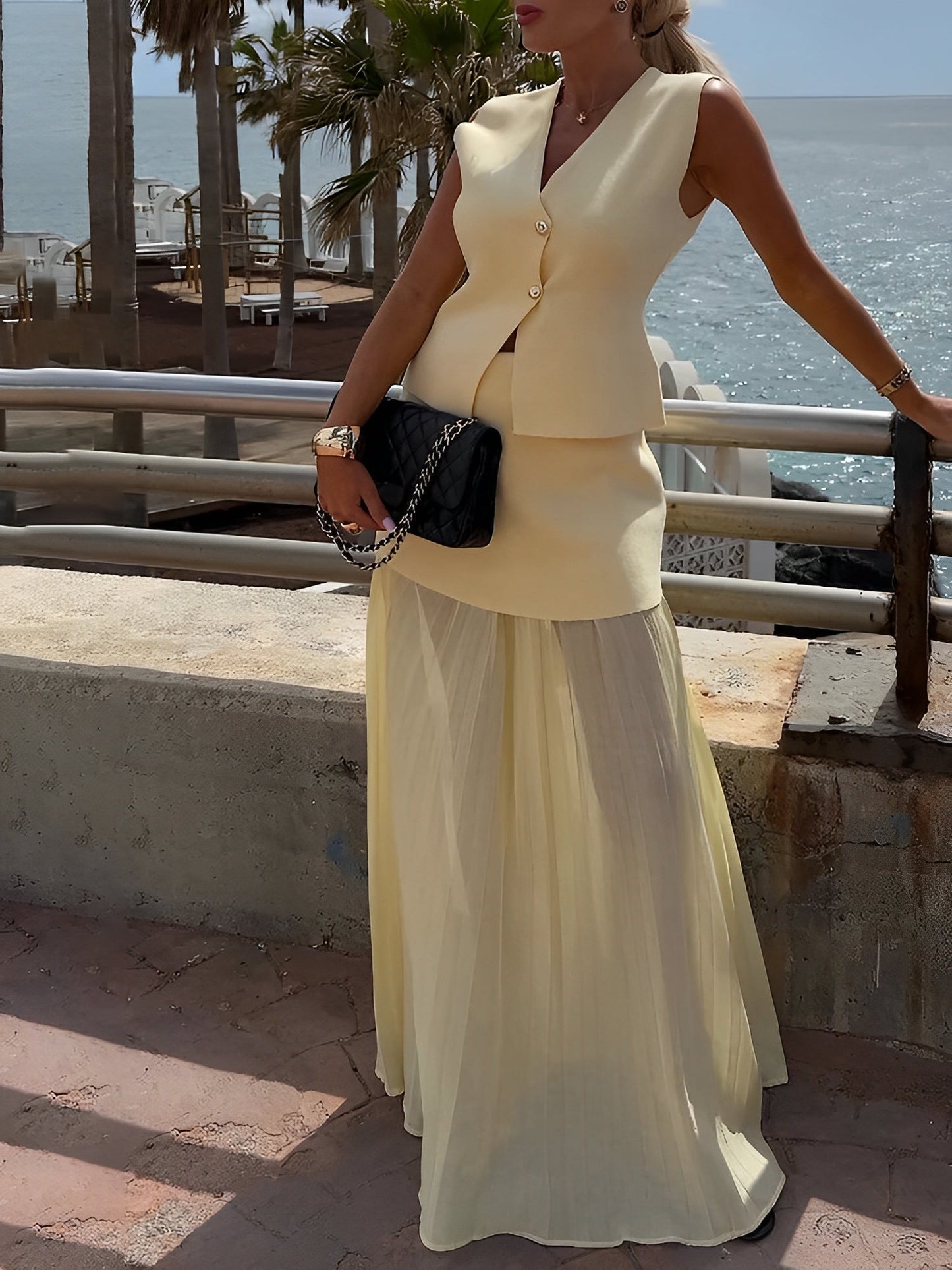 2 Pieces Sleeveless Vest & Maxi Patchwork Sheer Skirt Set