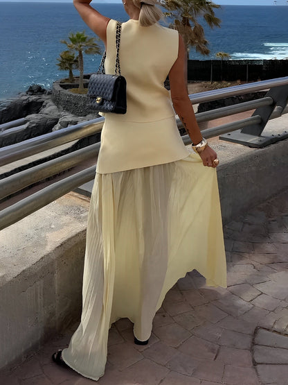 2 Pieces Sleeveless Vest & Maxi Patchwork Sheer Skirt Set