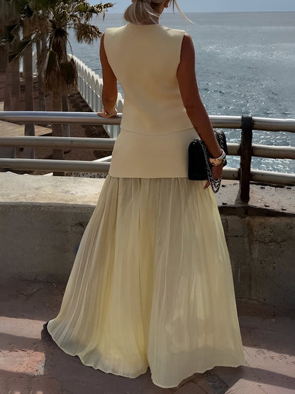2 Pieces Sleeveless Vest & Maxi Patchwork Sheer Skirt Set