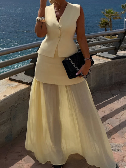 2 Pieces Sleeveless Vest & Maxi Patchwork Sheer Skirt Set