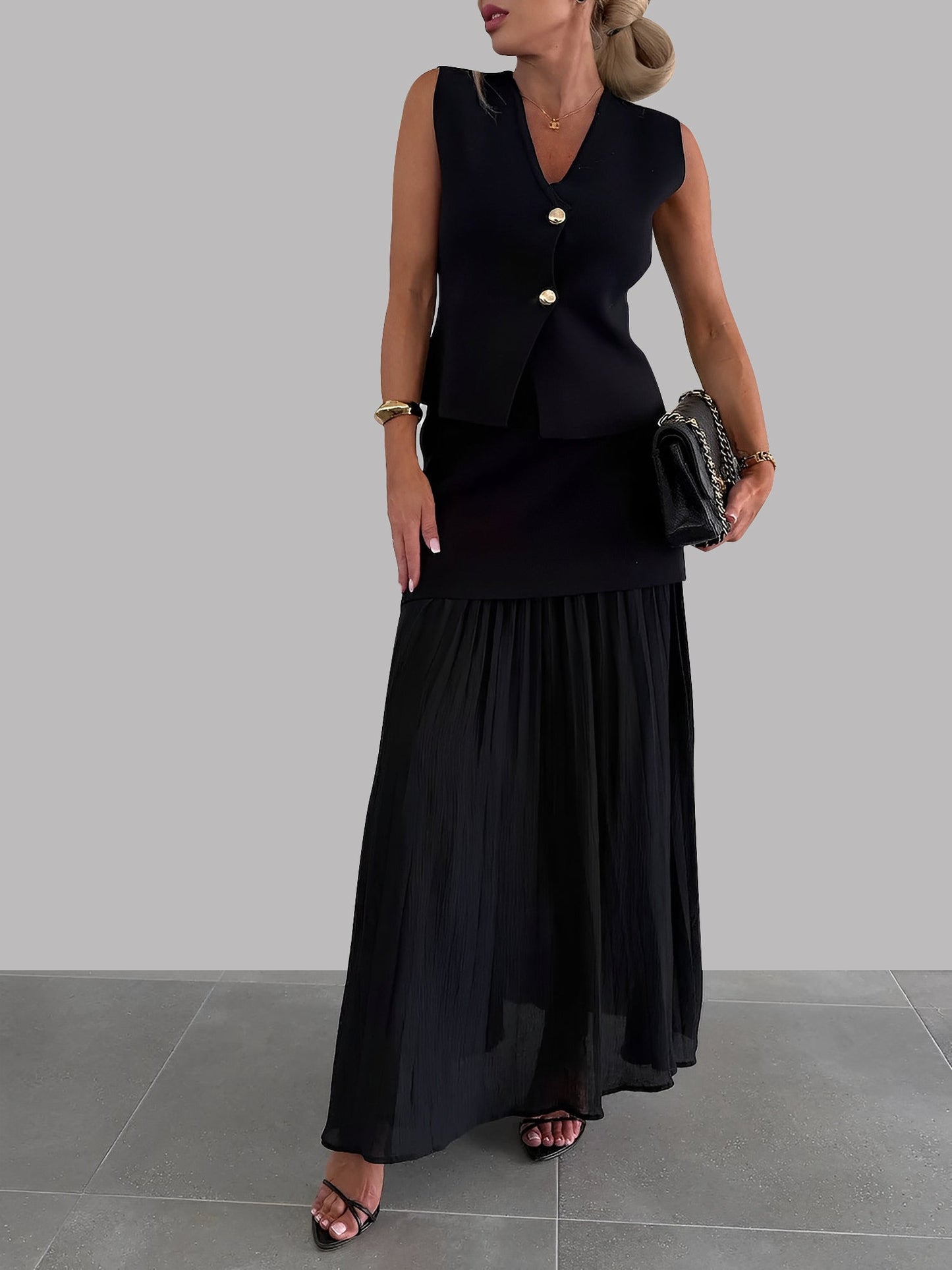 2 Pieces Sleeveless Vest & Maxi Patchwork Sheer Skirt Set