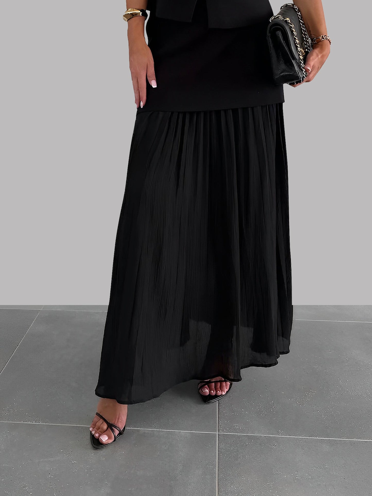 2 Pieces Sleeveless Vest & Maxi Patchwork Sheer Skirt Set