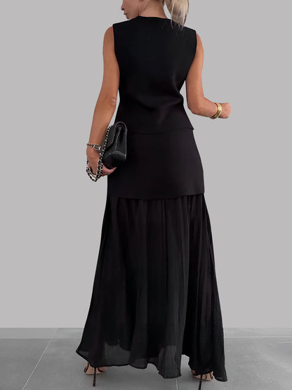 2 Pieces Sleeveless Vest & Maxi Patchwork Sheer Skirt Set