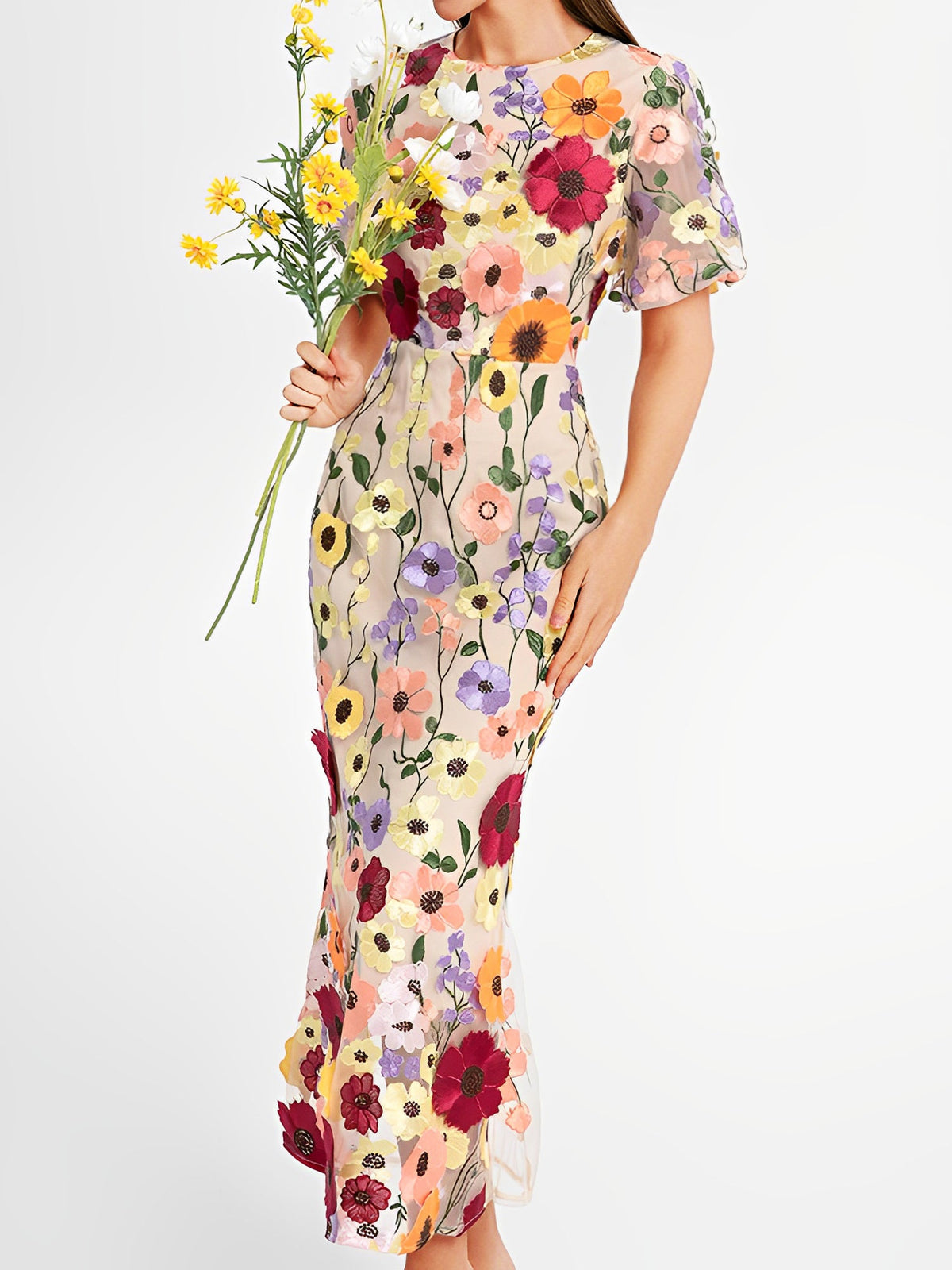 Flower Embroidery Short Sleeve Bodycon Fishtail Dress