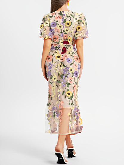 Flower Embroidery Short Sleeve Bodycon Fishtail Dress