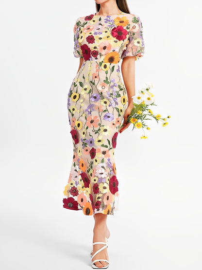 Flower Embroidery Short Sleeve Bodycon Fishtail Dress