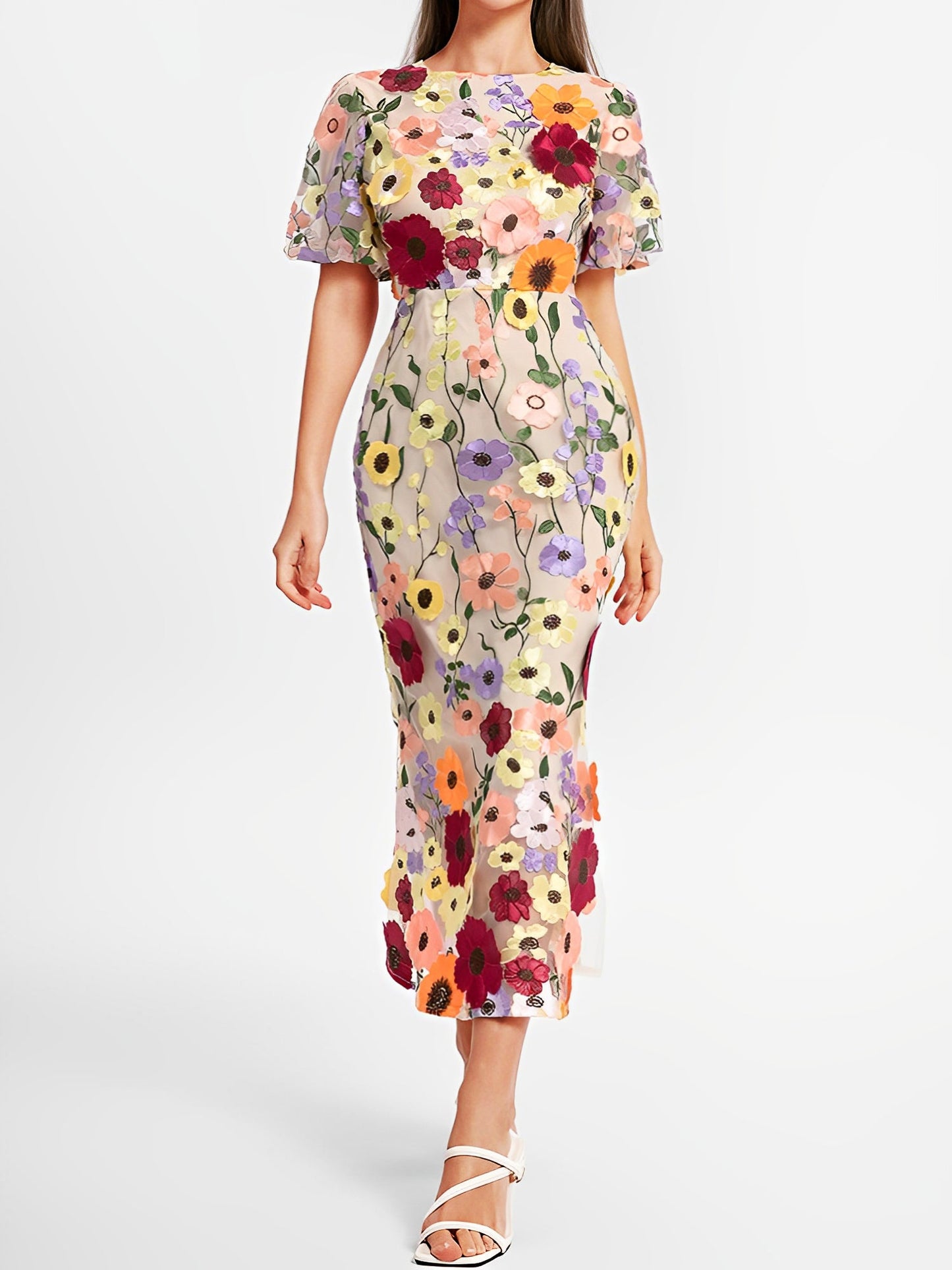 Flower Embroidery Short Sleeve Bodycon Fishtail Dress