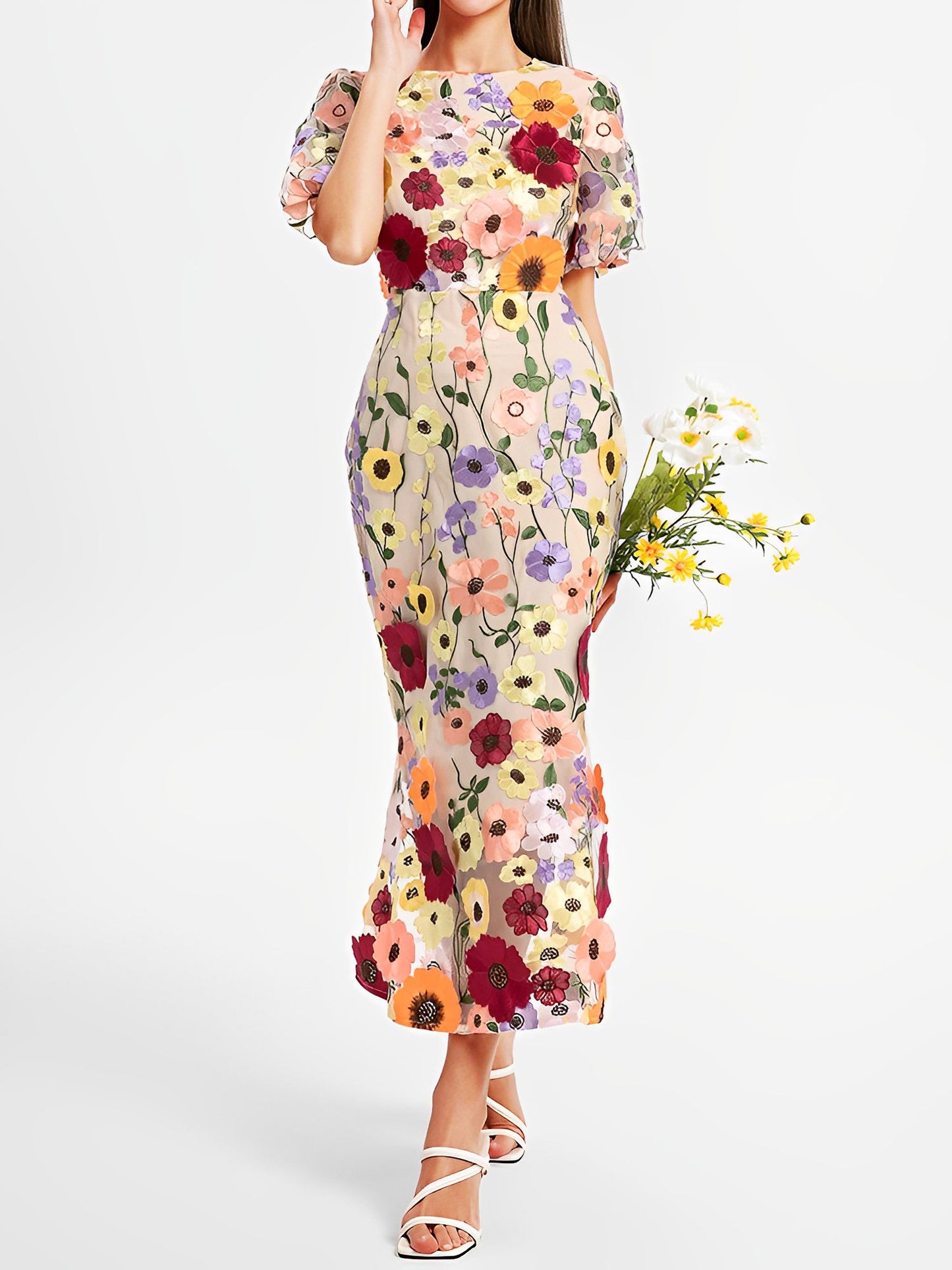Flower Embroidery Short Sleeve Bodycon Fishtail Dress
