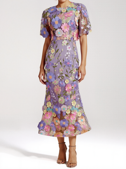 Flower Embroidery Short Sleeve Bodycon Fishtail Dress