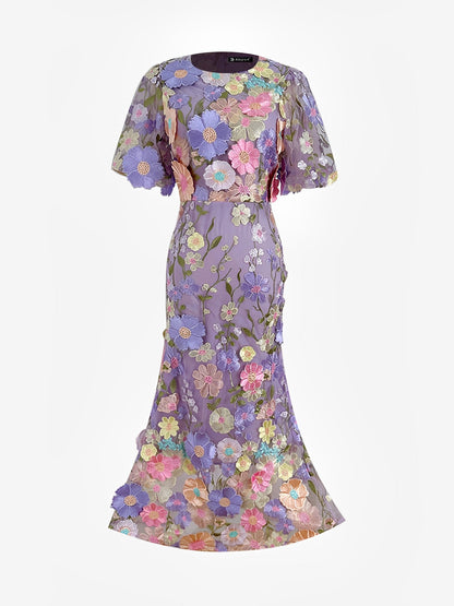 Flower Embroidery Short Sleeve Bodycon Fishtail Dress
