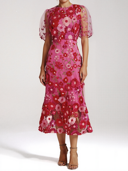 Flower Embroidery Short Sleeve Bodycon Fishtail Dress