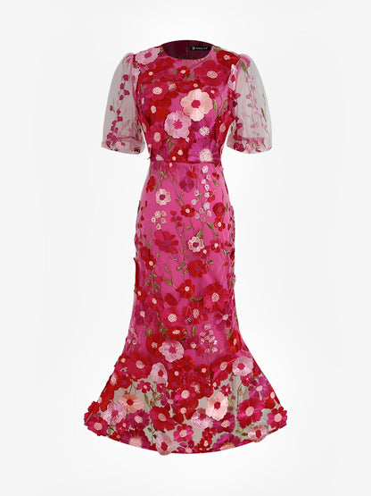 Flower Embroidery Short Sleeve Bodycon Fishtail Dress