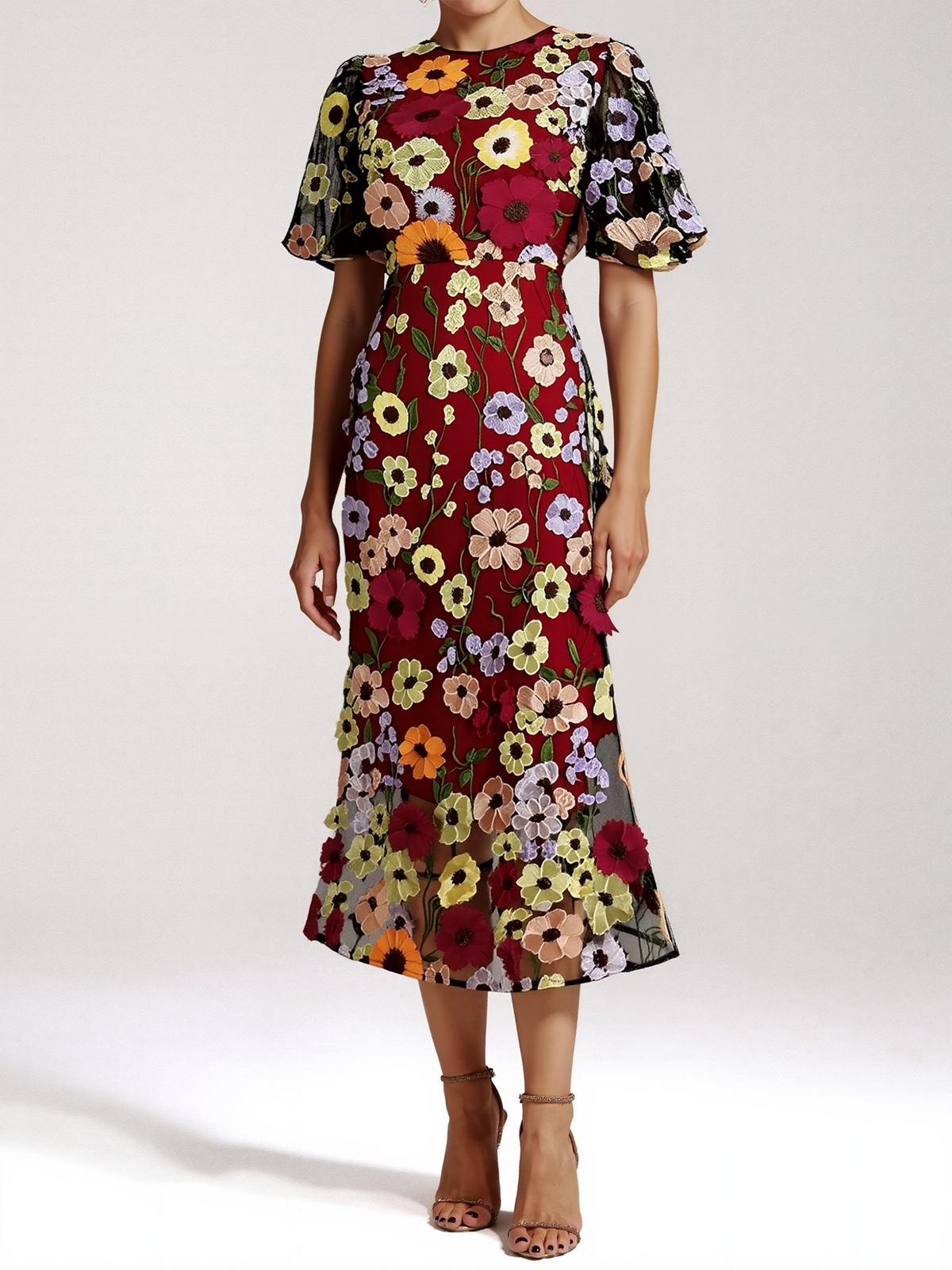 Flower Embroidery Short Sleeve Bodycon Fishtail Dress