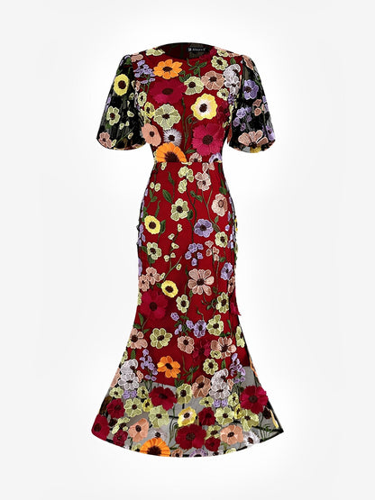 Flower Embroidery Short Sleeve Bodycon Fishtail Dress