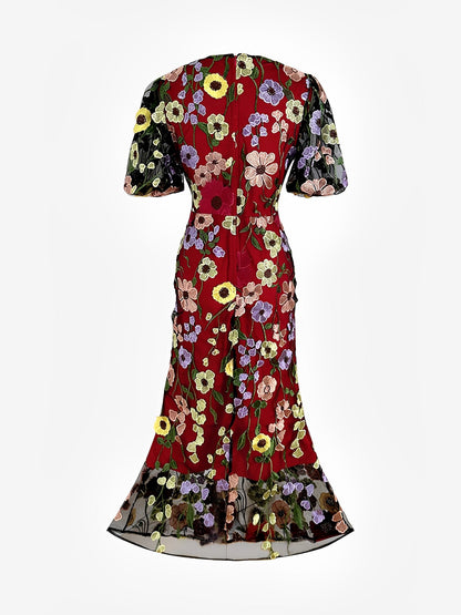 Flower Embroidery Short Sleeve Bodycon Fishtail Dress