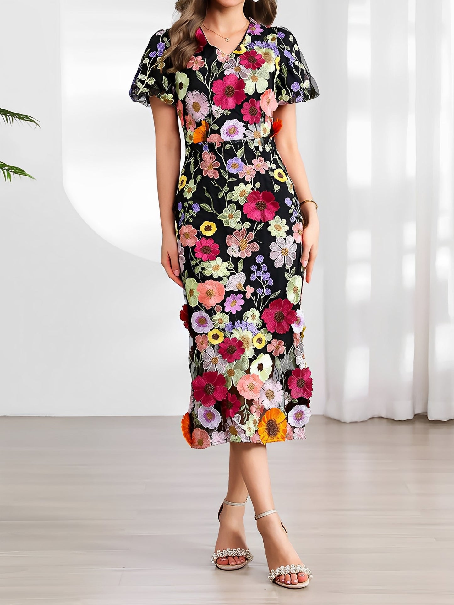 Flower Embroidered Puff Sleeves Midi Sheath Dress
