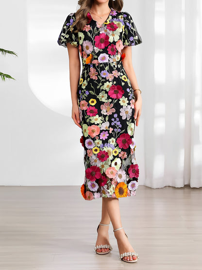 Flower Embroidered Puff Sleeves Midi Sheath Dress