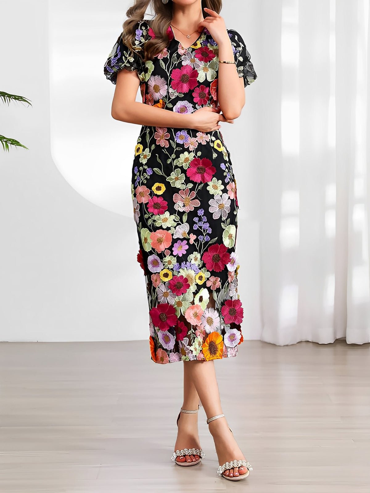 Flower Embroidered Puff Sleeves Midi Sheath Dress