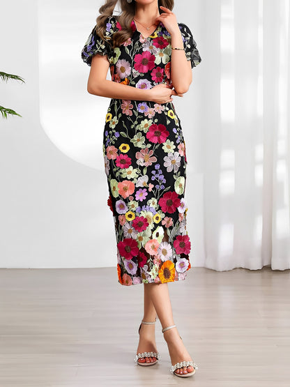 Flower Embroidered Puff Sleeves Midi Sheath Dress