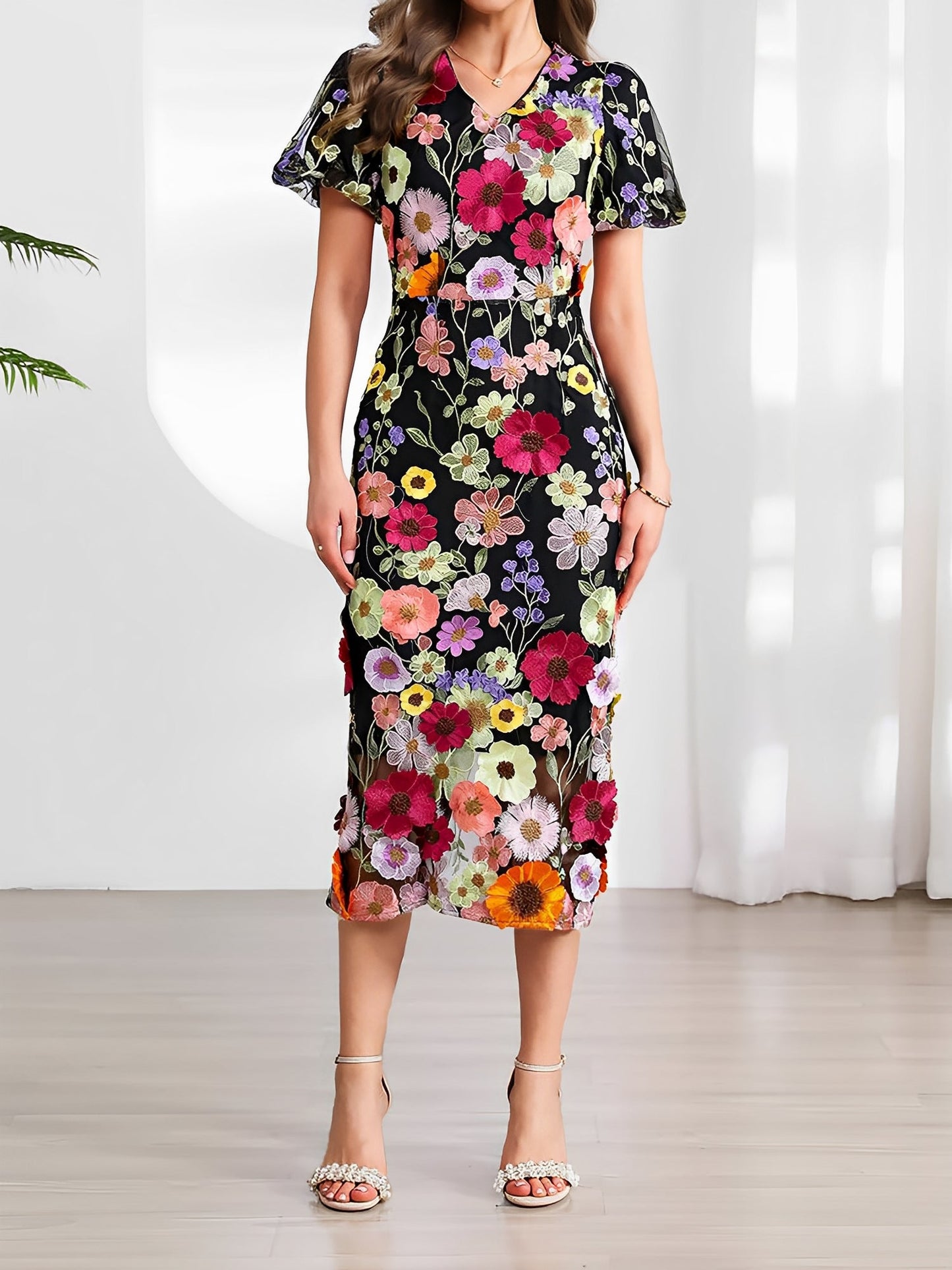 Flower Embroidered Puff Sleeves Midi Sheath Dress