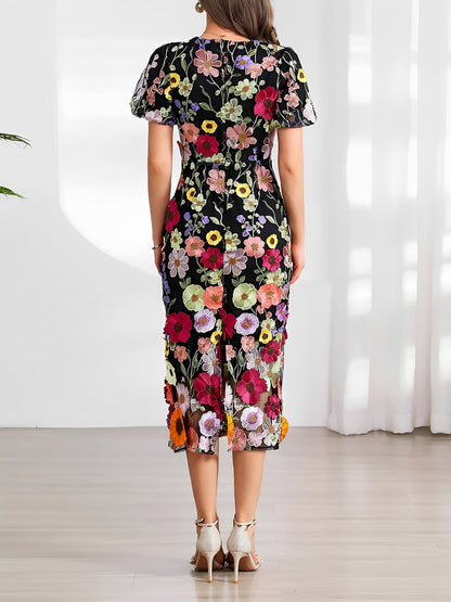 Flower Embroidered Puff Sleeves Midi Sheath Dress