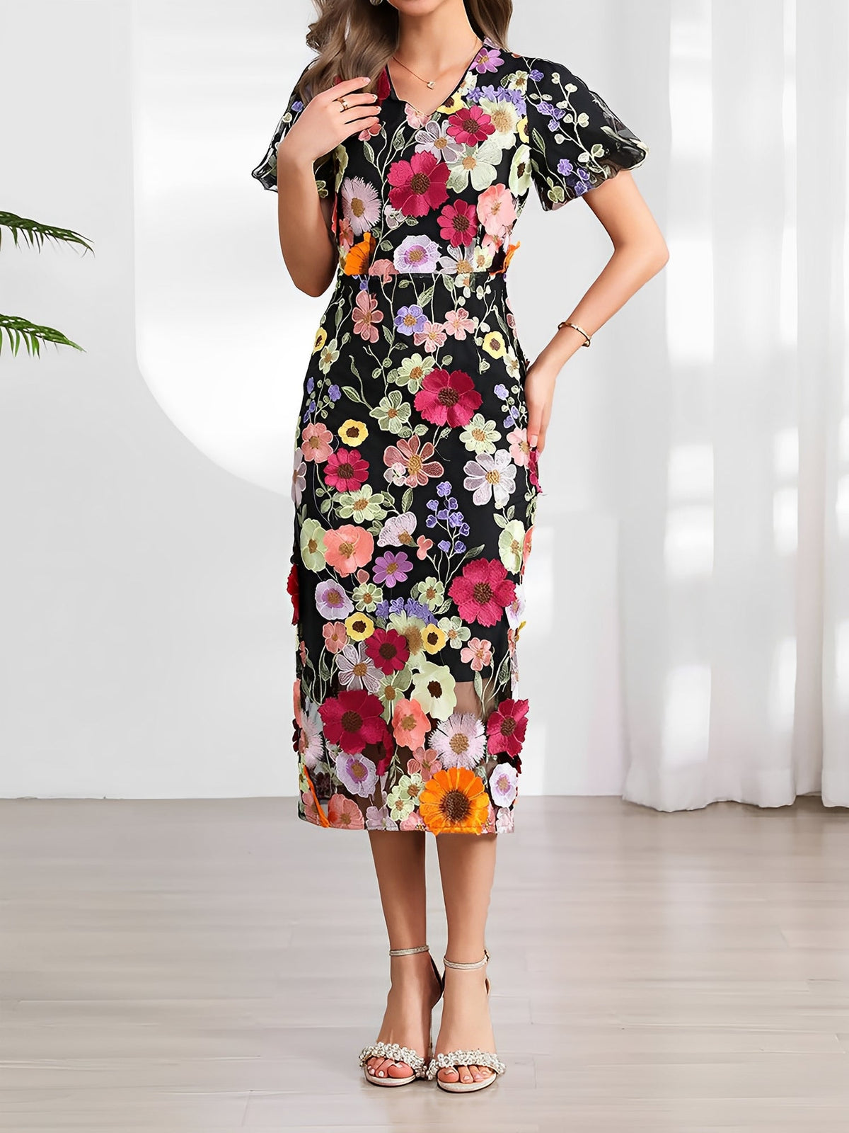 Flower Embroidered Puff Sleeves Midi Sheath Dress