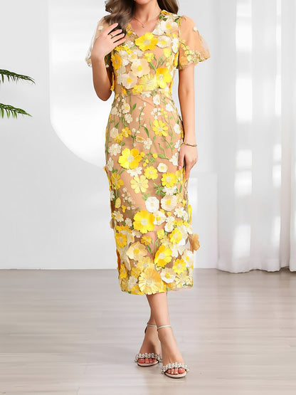 Flower Embroidered Puff Sleeves Midi Sheath Dress