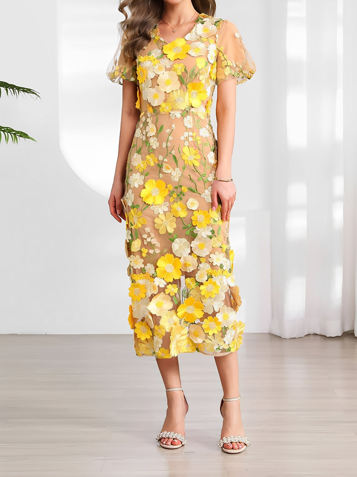 Flower Embroidered Puff Sleeves Midi Sheath Dress