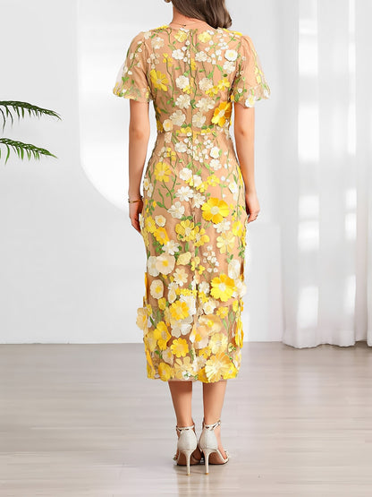 Flower Embroidered Puff Sleeves Midi Sheath Dress