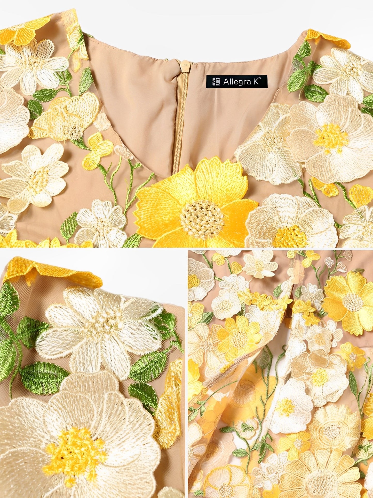 Flower Embroidered Puff Sleeves Midi Sheath Dress
