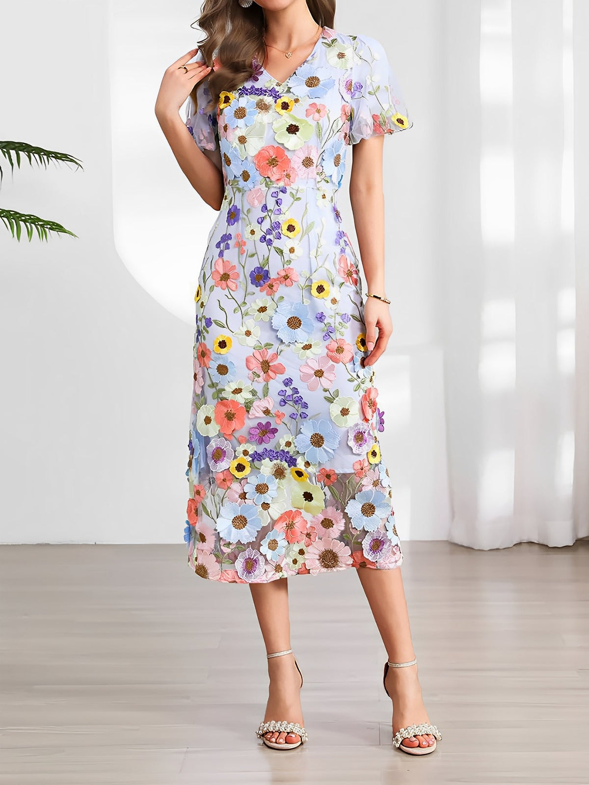 Flower Embroidered Puff Sleeves Midi Sheath Dress