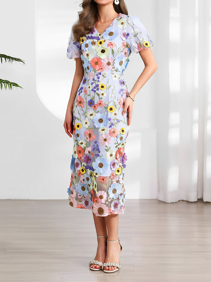 Flower Embroidered Puff Sleeves Midi Sheath Dress