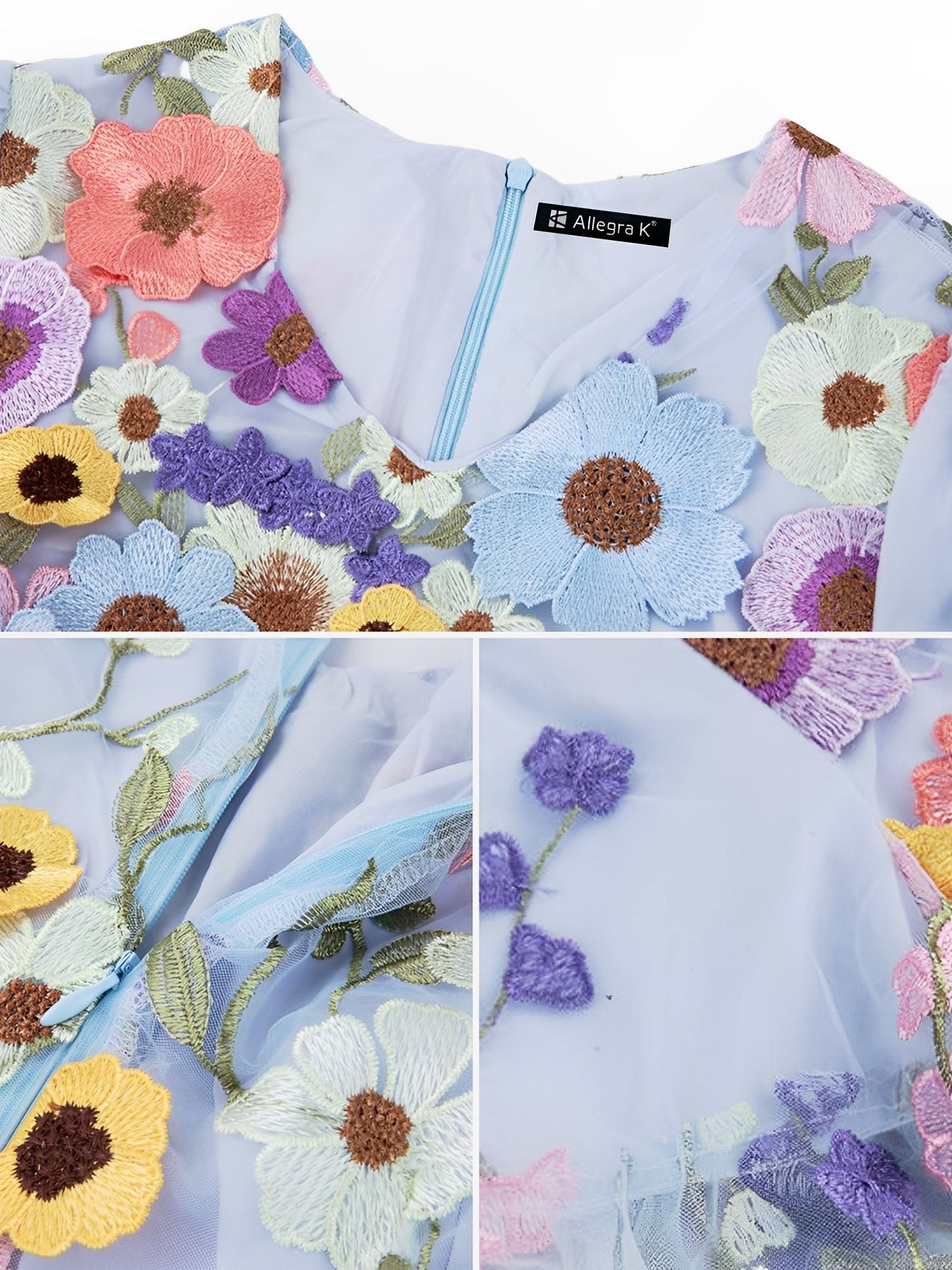 Flower Embroidered Puff Sleeves Midi Sheath Dress