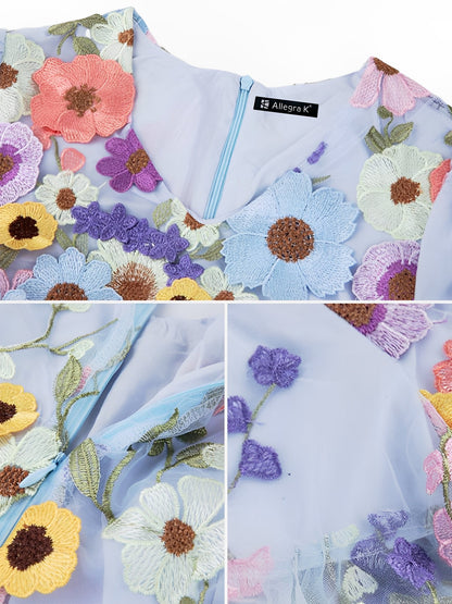 Flower Embroidered Puff Sleeves Midi Sheath Dress
